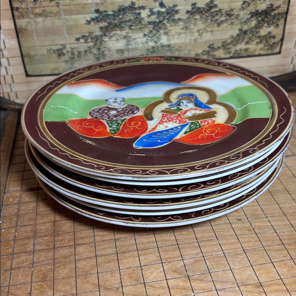 6 Japan Moriage Plates 7 5/8”D Immortals Kannan Goddess of Compassion - Picture 4 of 17